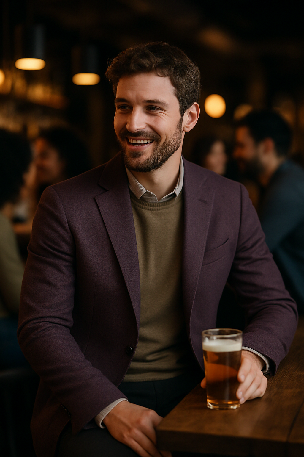 A man wearing a purple blazer and enjoying a drink in a cozy setting.