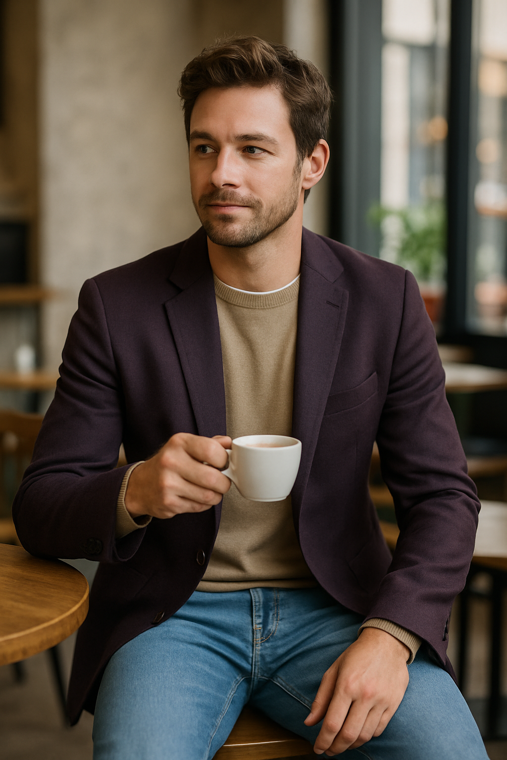 Stylish man wearing a purple blazer and denim, sipping coffee in a café
