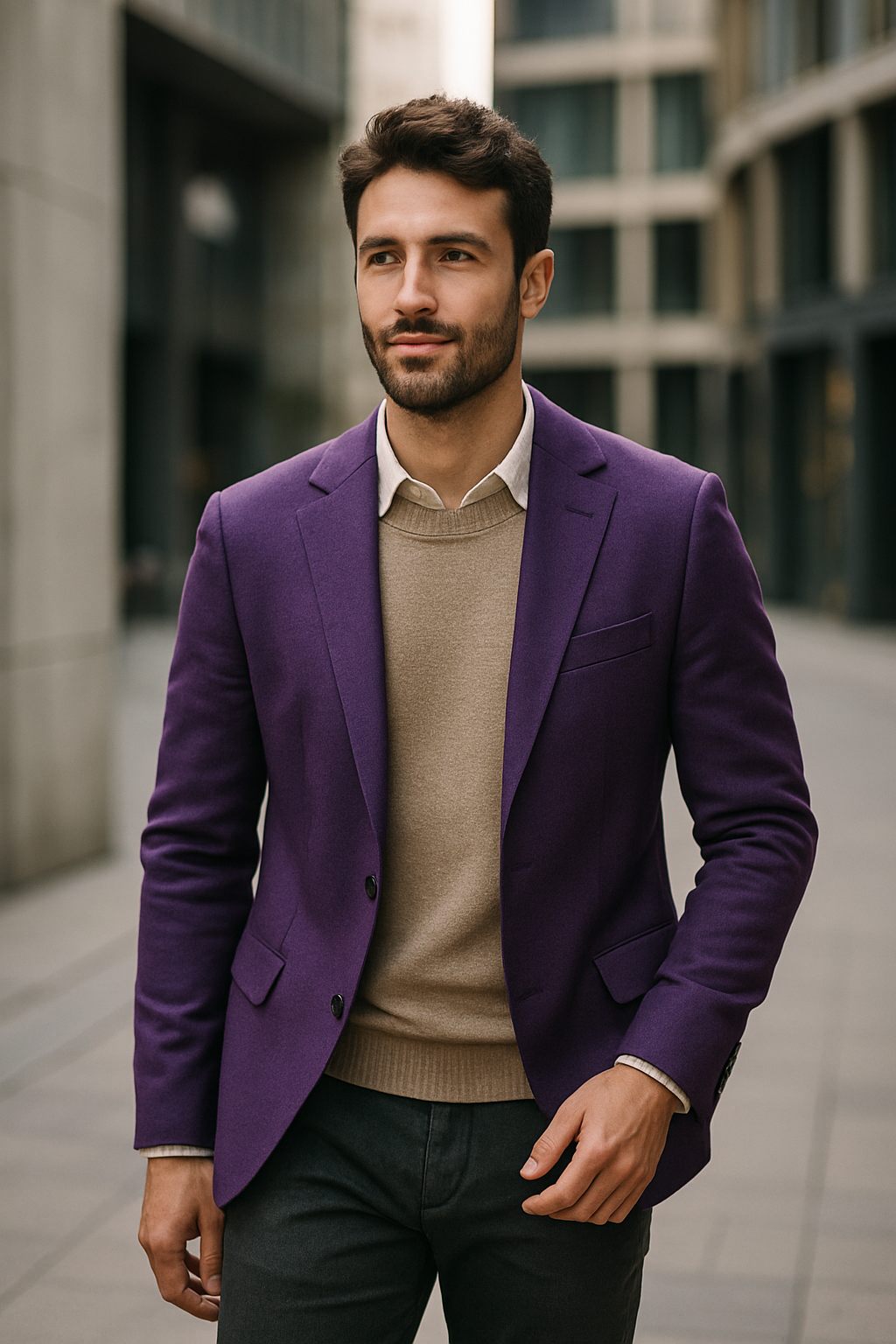 A man wearing a purple blazer over a beige sweater, walking confidently in an urban setting.