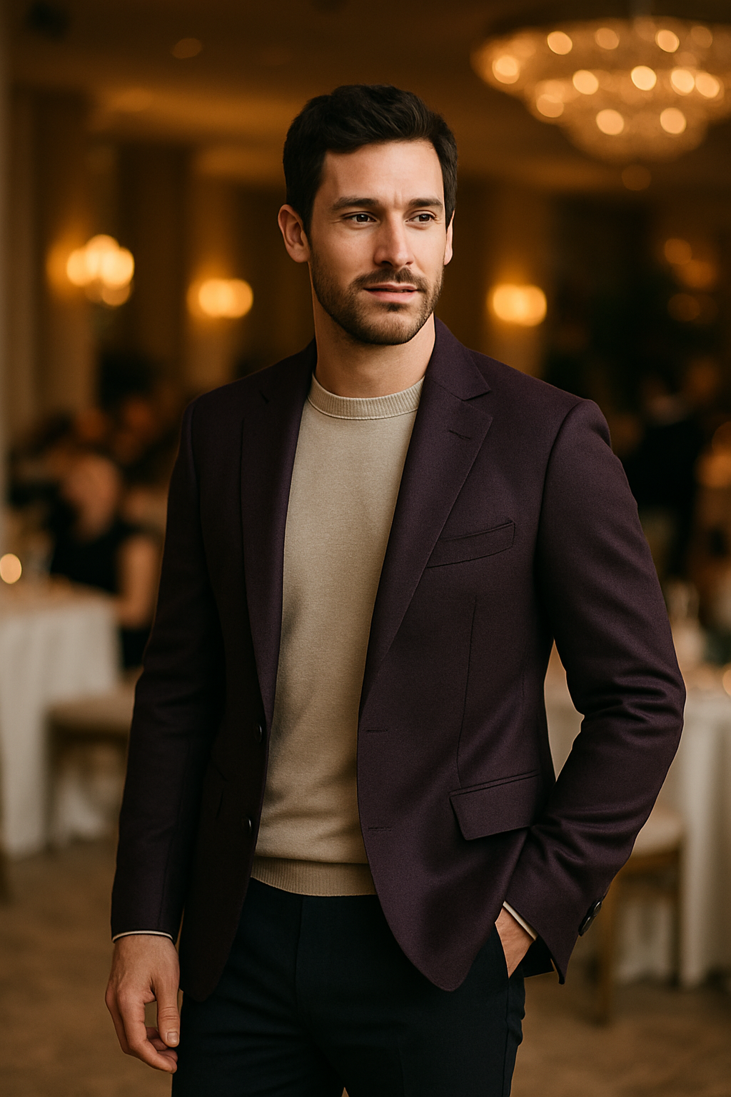 A man wearing a purple blazer with tailored trousers in an elegant setting.