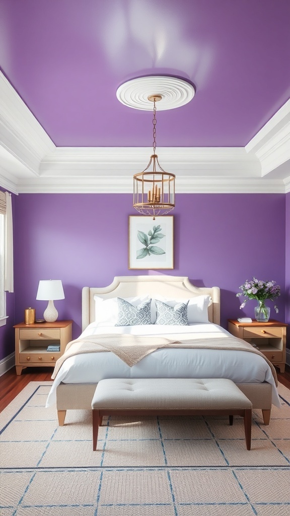 A beautifully designed bedroom featuring a purple ceiling, light-colored furniture, and elegant decor.