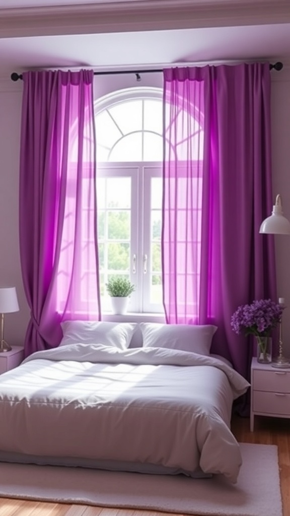 A cozy bedroom featuring purple sheer curtains framing a window, with a white bed and bedside tables.