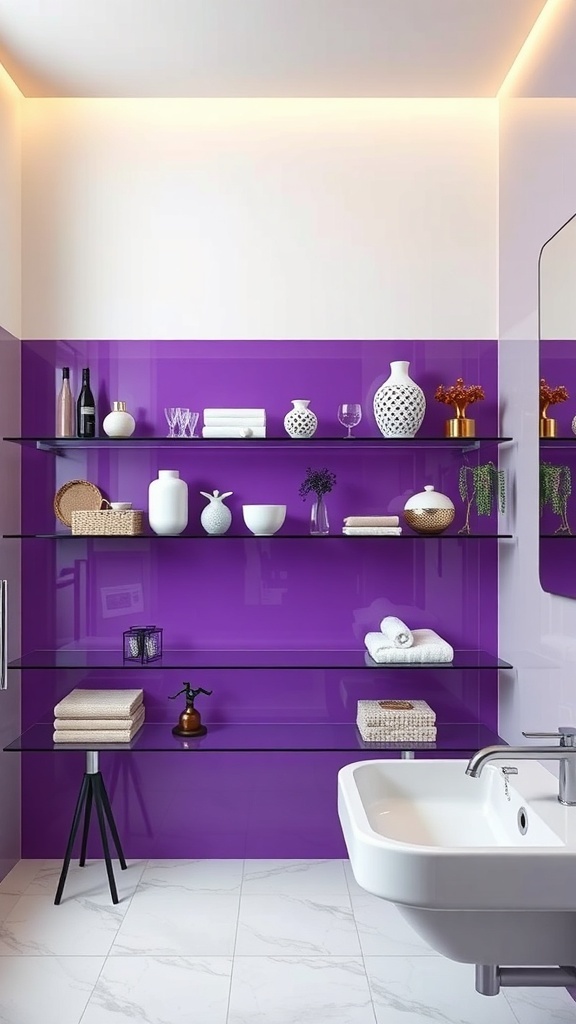 Modern bathroom with purple glass shelving displaying decorative items and towels.