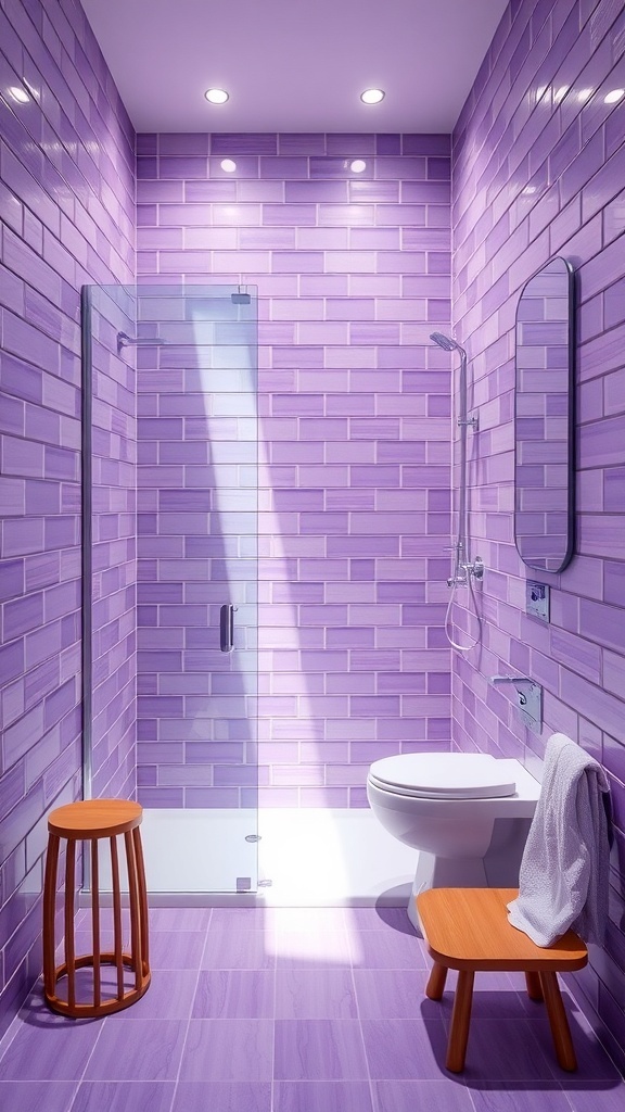 A modern bathroom featuring purple shower tiles, a glass shower enclosure, and wooden stools.