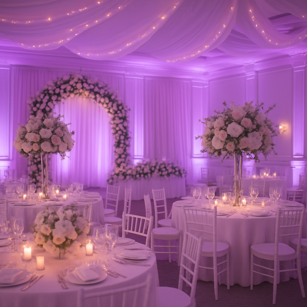 A beautifully decorated wedding venue with purple lighting, floral arrangements, and elegant table settings.