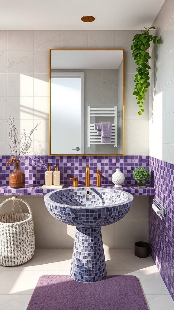 A modern bathroom featuring a purple mosaic sink basin with gold fixtures and decorative items.