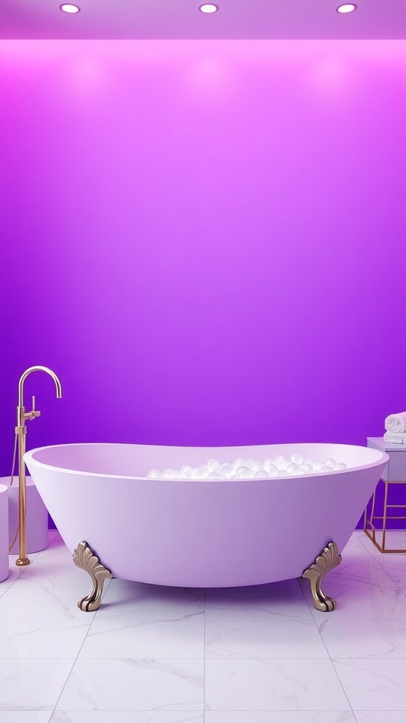 A stylish purple ombre bathtub with gold accents in a modern bathroom setting.