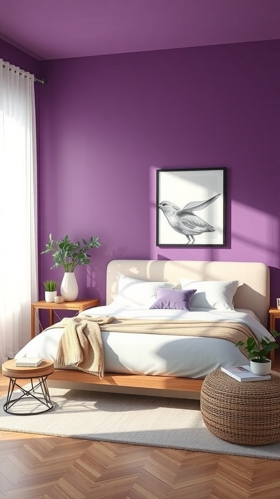 A modern bedroom with purple ombre walls, a cozy bed, and stylish decor.