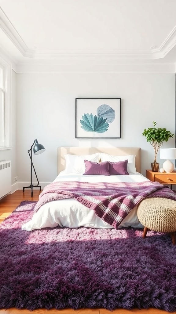 A cozy purple rug in a bright bedroom with a bed, pillows, and a plant.