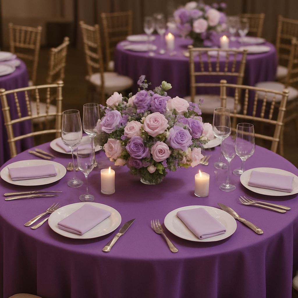 Elegant purple wedding table setting with floral centerpiece and candles