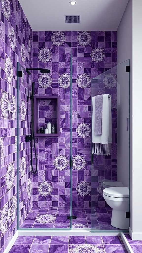 A modern shower featuring purple tile mosaics with floral designs and a glass enclosure.