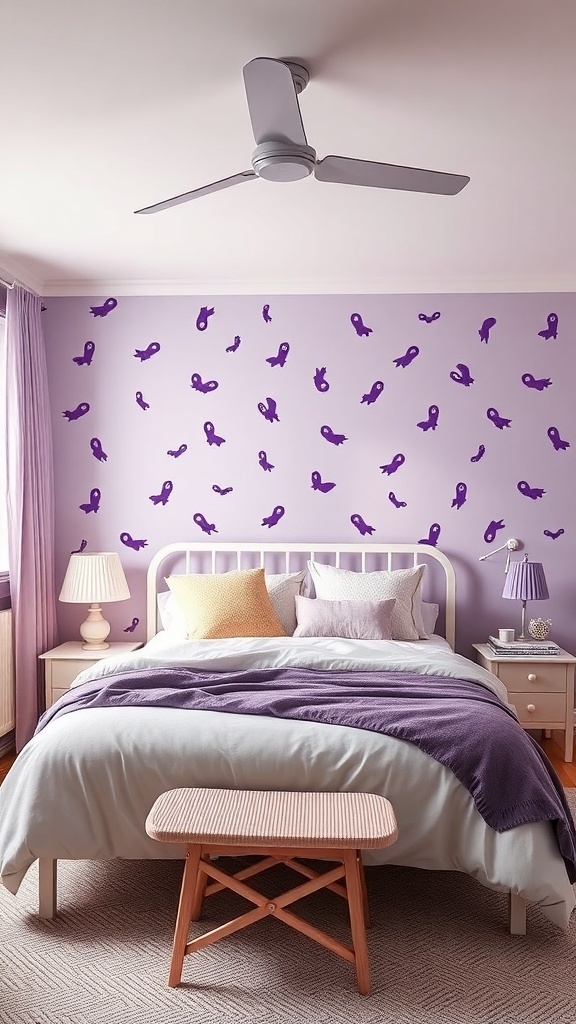 A purple bedroom featuring lavender walls with playful purple wall decals, a white bed with colorful pillows, and a cozy atmosphere.
