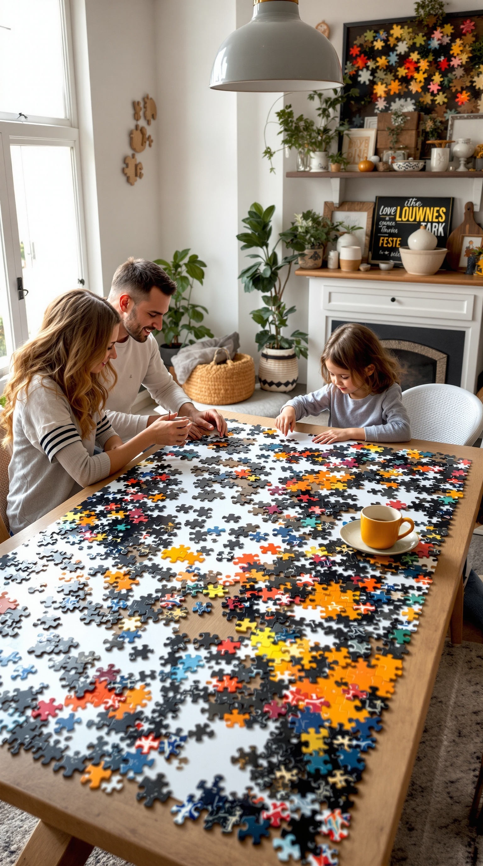 A family working together on a colorful puzzle at a table in a cozy game room.