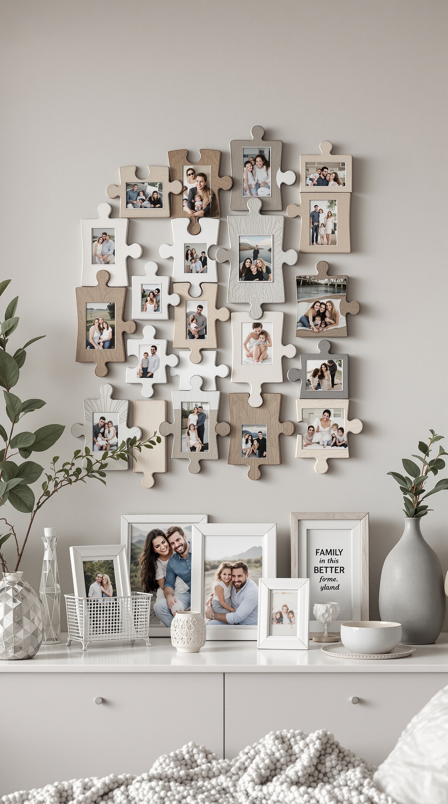 A wall display of puzzle piece photo frames featuring family pictures in various colors.