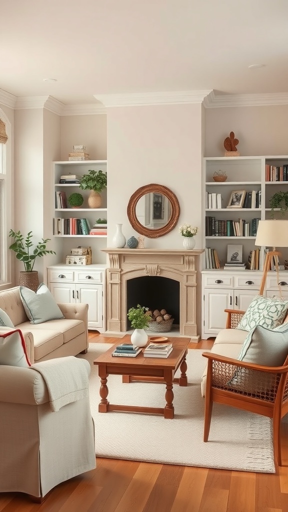 Cozy cottage living room with bookshelves filled with books and decorative items