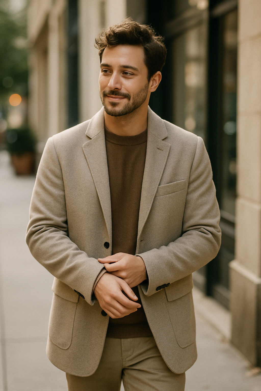 A man wearing a beige blazer over a brown sweater, smiling casually while standing outside.