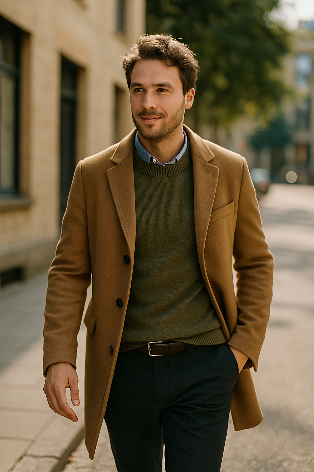 A stylish man wearing a brown coat over a green sweater, walking on a city street.