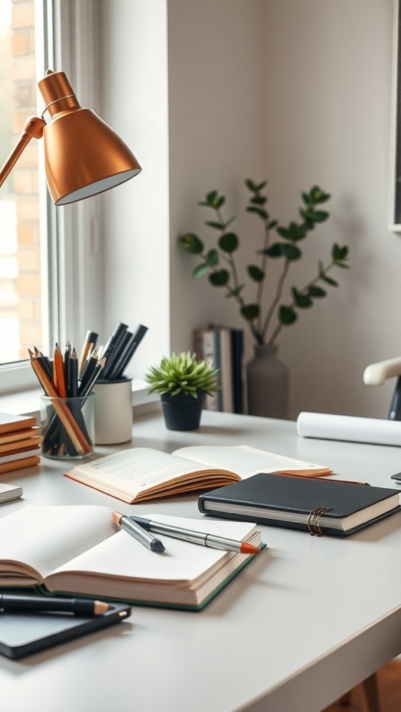 A cozy desk setup featuring quality writing instruments, notebooks, and a stylish lamp.