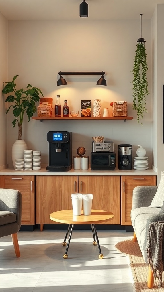 A cozy coffee bar setup with a coffee machine, snacks, and plants.