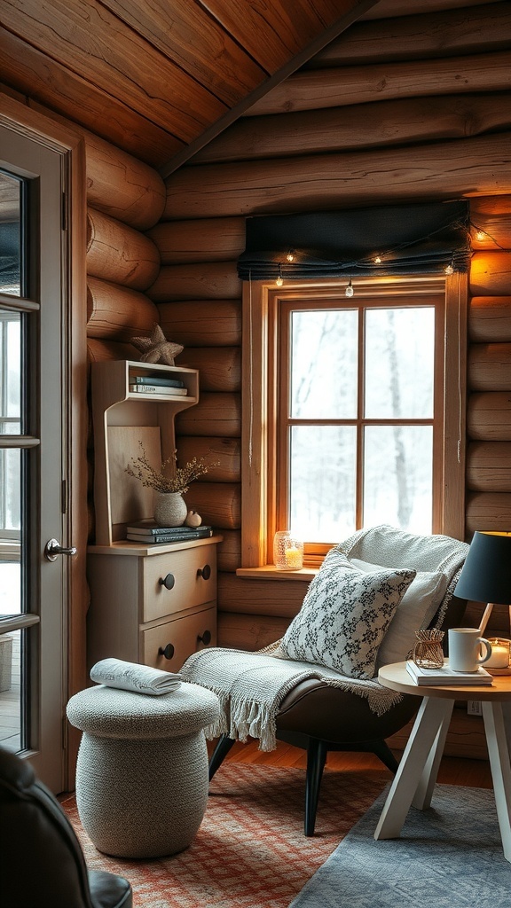 Cozy cabin interior with a reading nook, featuring a comfortable chair, blanket, and natural wood walls.