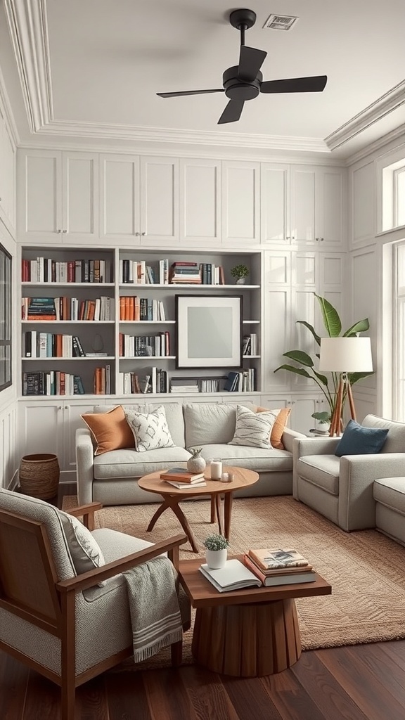 A cozy reading room with a comfortable sofa, bookshelves, and plants, designed for quiet and relaxation.