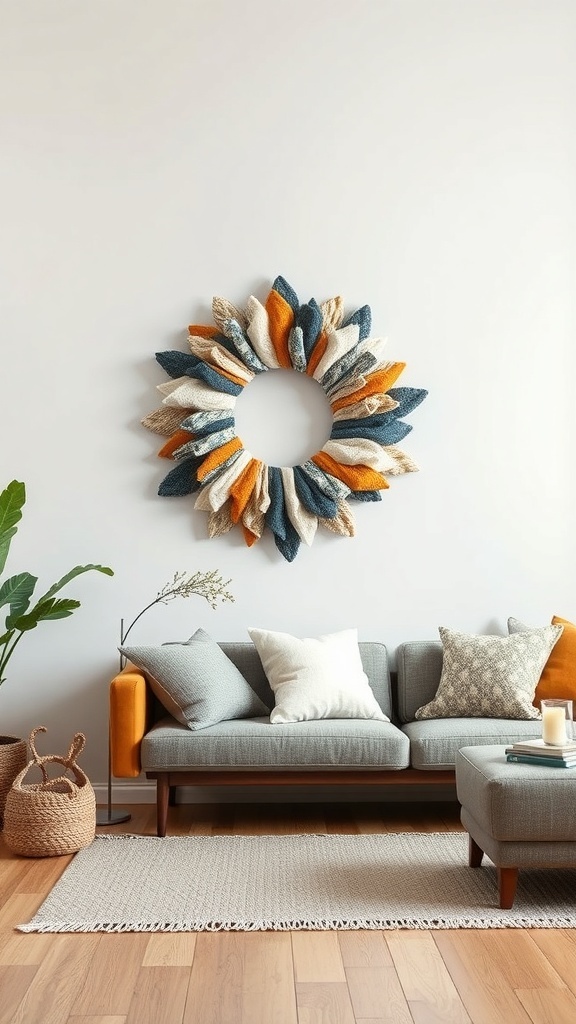A colorful quilted fabric rag wreath displayed on a wall above a couch.