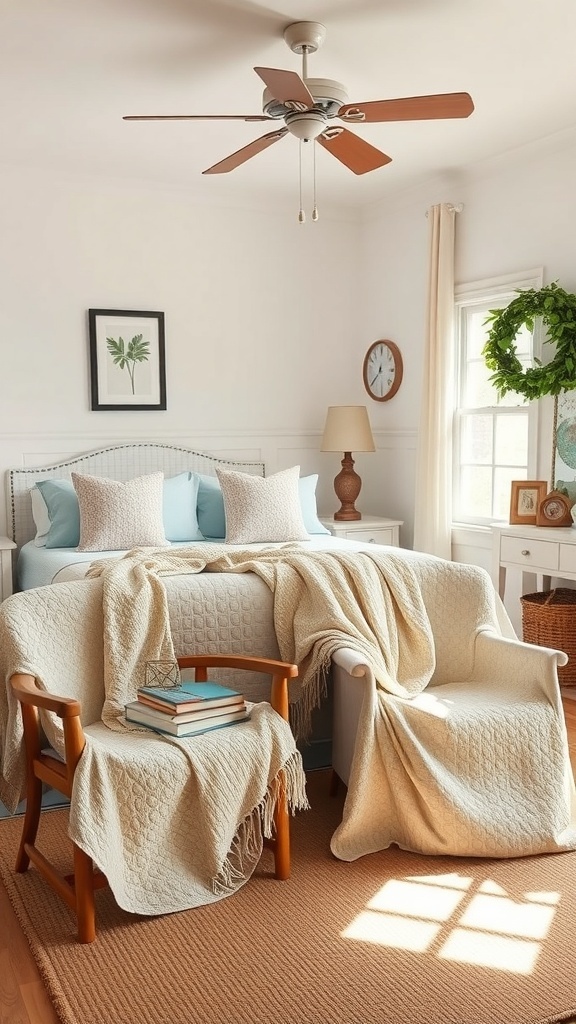 Cozy country teen bedroom with quilted throw blankets on the bed and chair