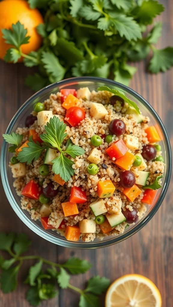 Bowl of quinoa salad with colorful vegetables and citrus slices on a wooden table.