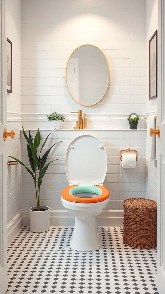 A modern bathroom featuring a quirky toilet with an orange seat and turquoise rim, surrounded by stylish decor.