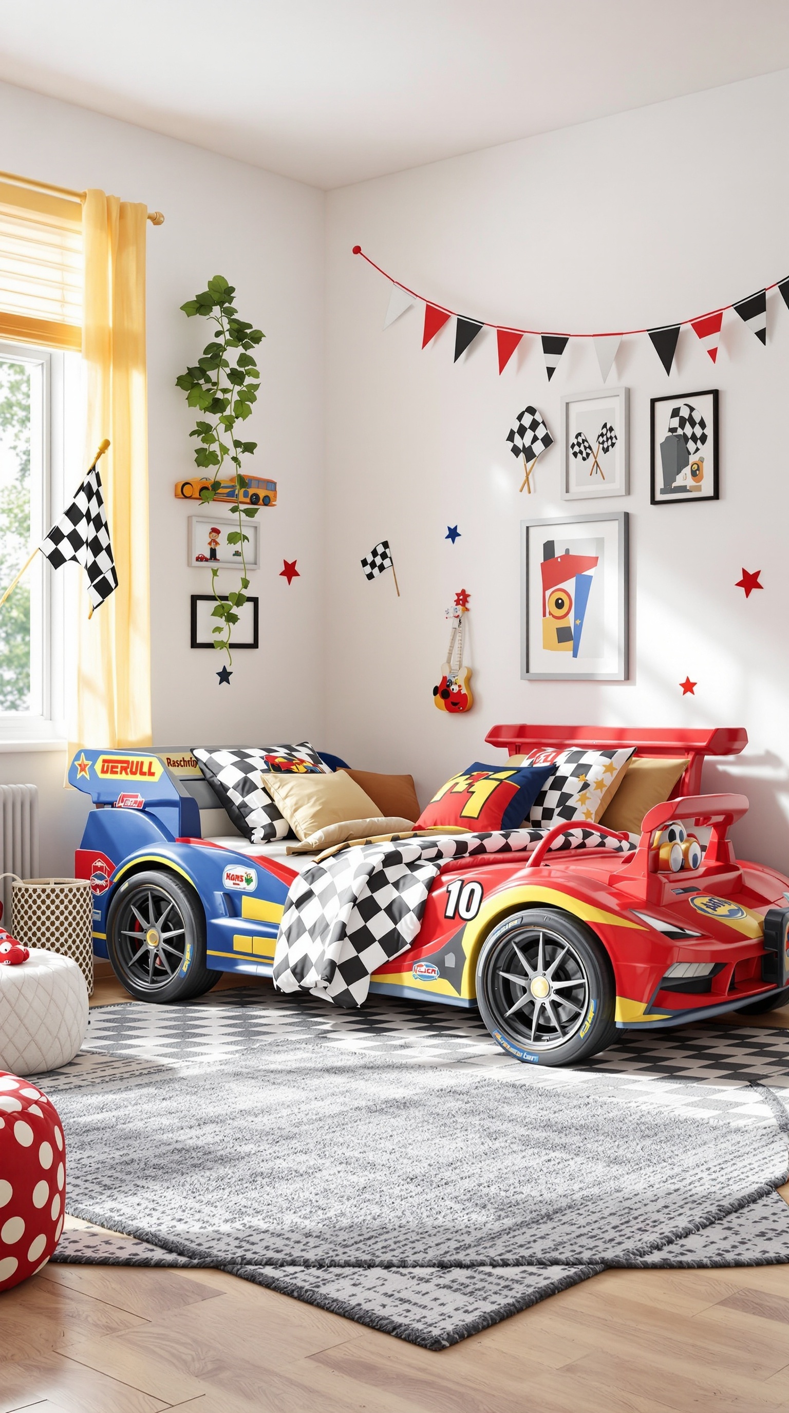 A colorful kids' room featuring two race car beds, checkered bedding, and playful decorations.