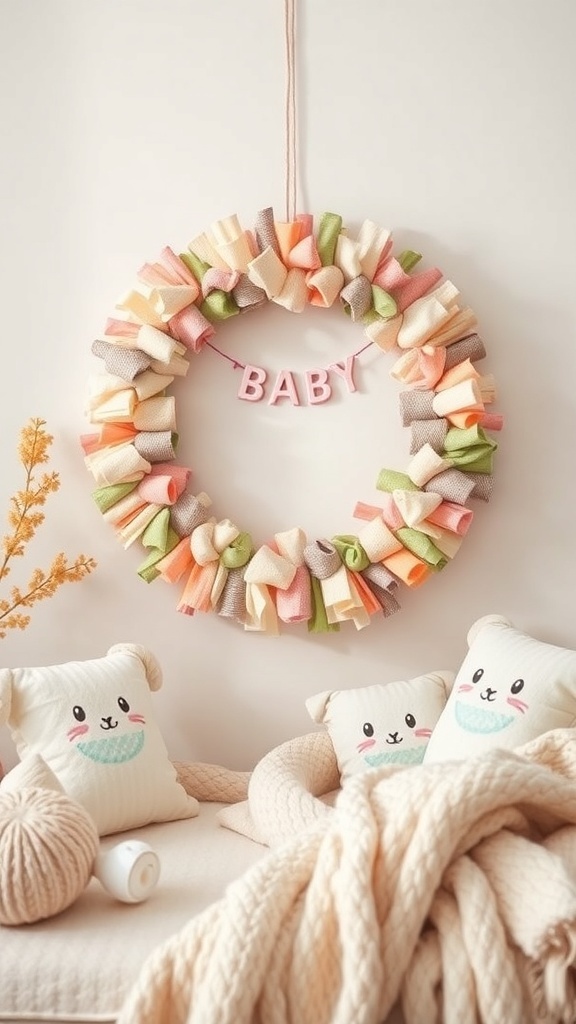 A colorful rag wreath with a 'BABY' banner, decorated with soft pastel fabrics, hanging on a wall.