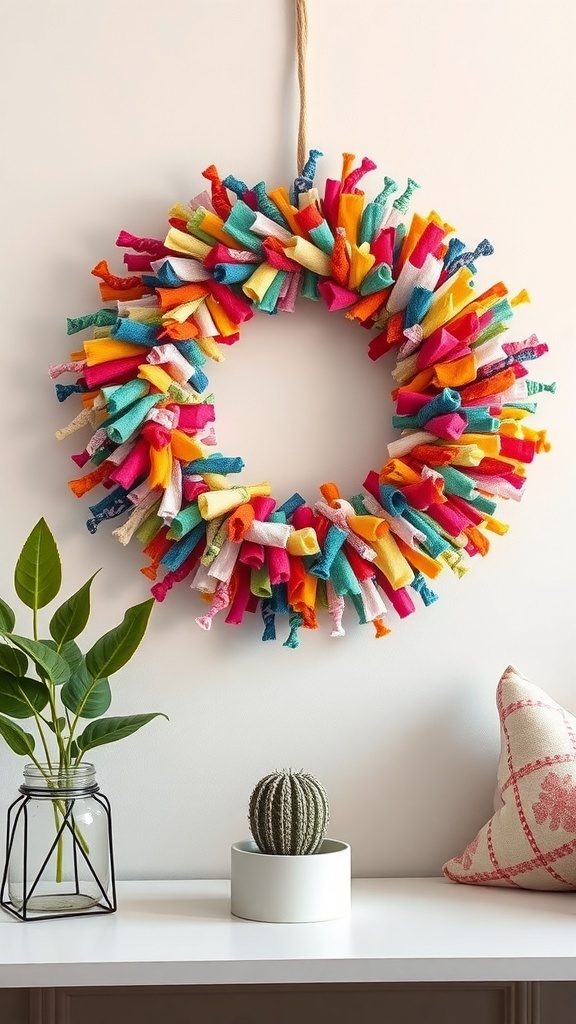 Colorful rag wreath made from fabric scraps, hanging on a wall with plants nearby.