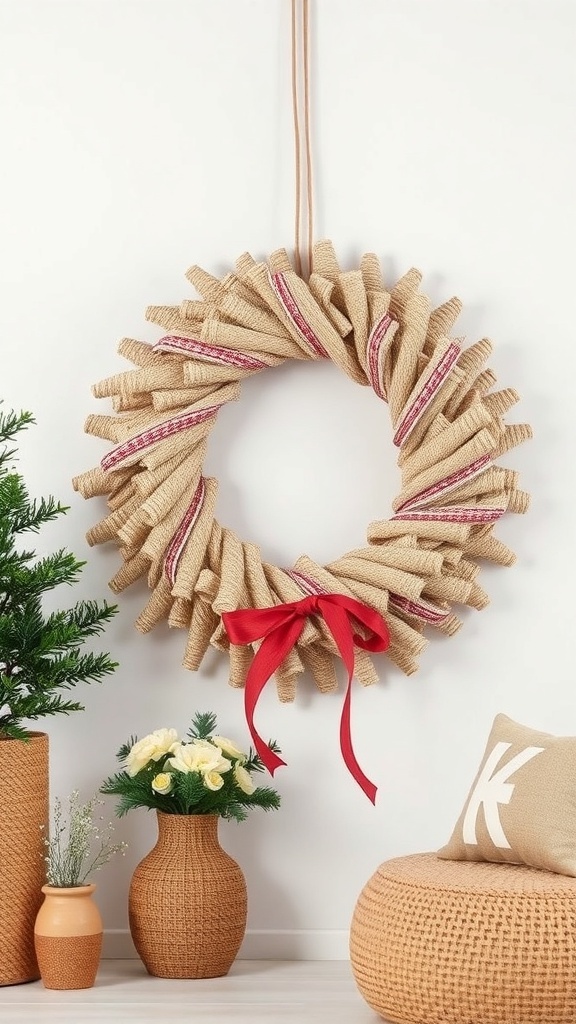 A rag wreath made of fabric with red ribbons, hanging on a wall, surrounded by decorative plants and vases.
