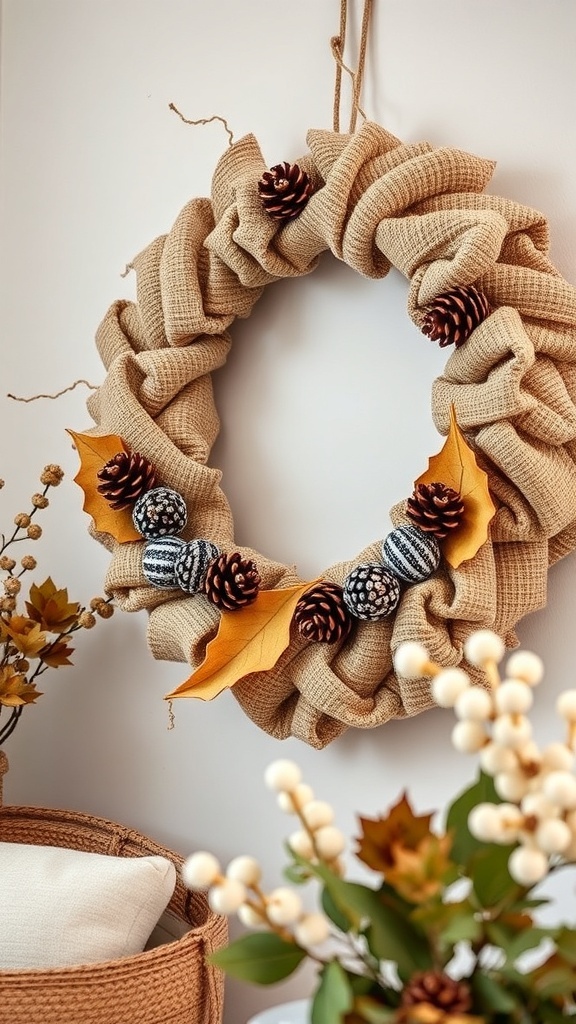 A cozy rag wreath made of burlap, decorated with pine cones and autumn leaves.