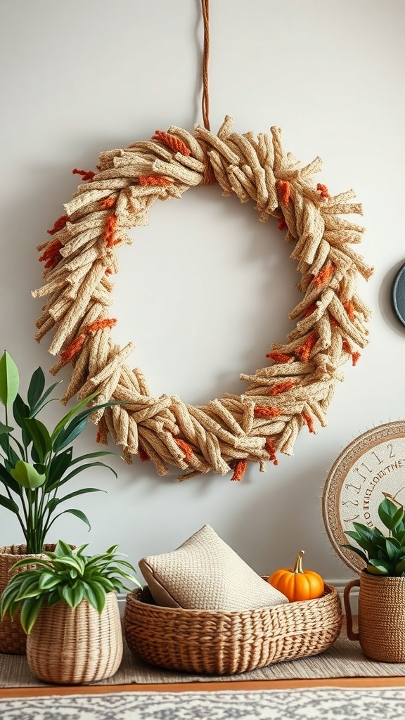 A textured rag wreath with neutral tones and orange accents, hanging on a wall, surrounded by plants and decorative items.