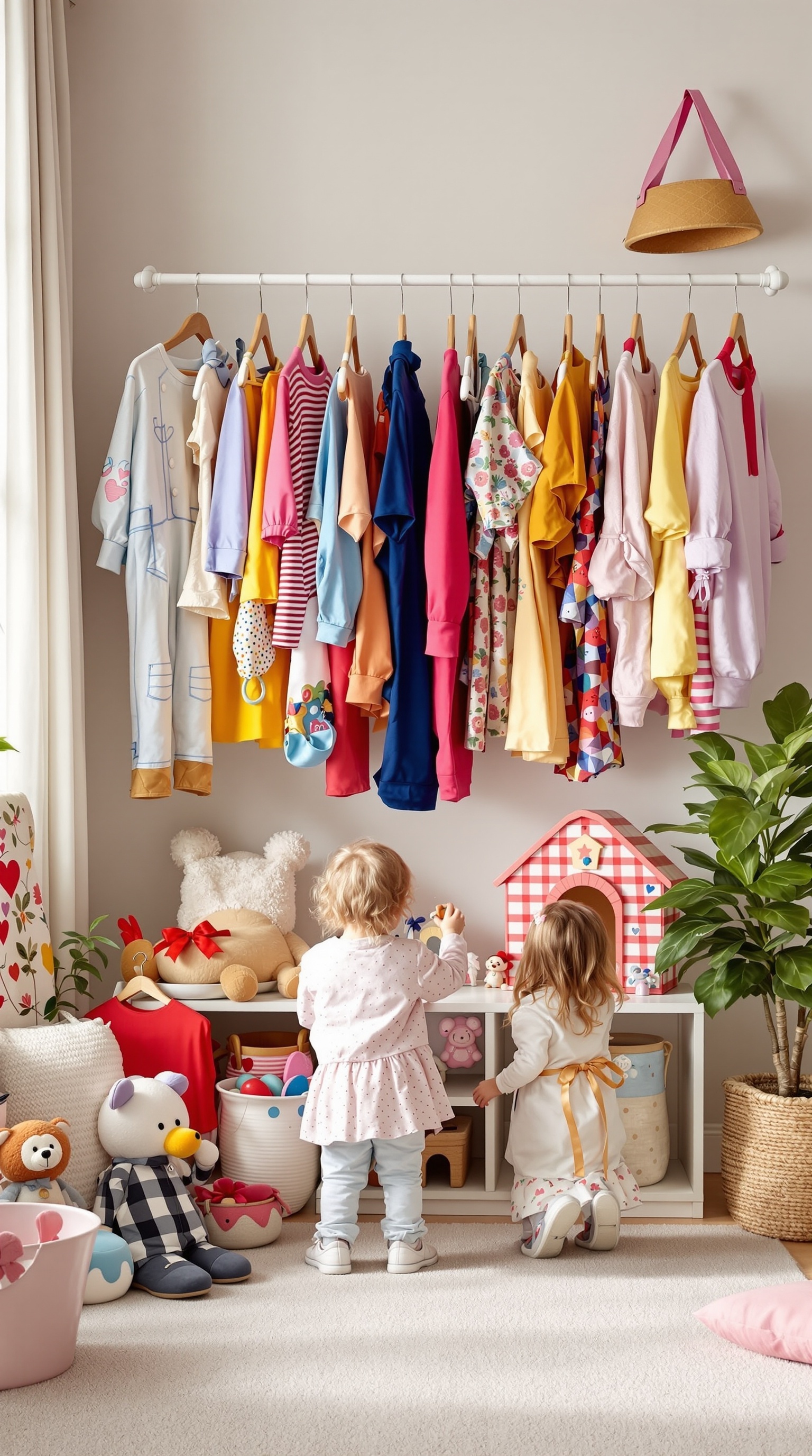 A colorful dress-up corner for kids with various outfits hanging on a rack and children playing with toys.