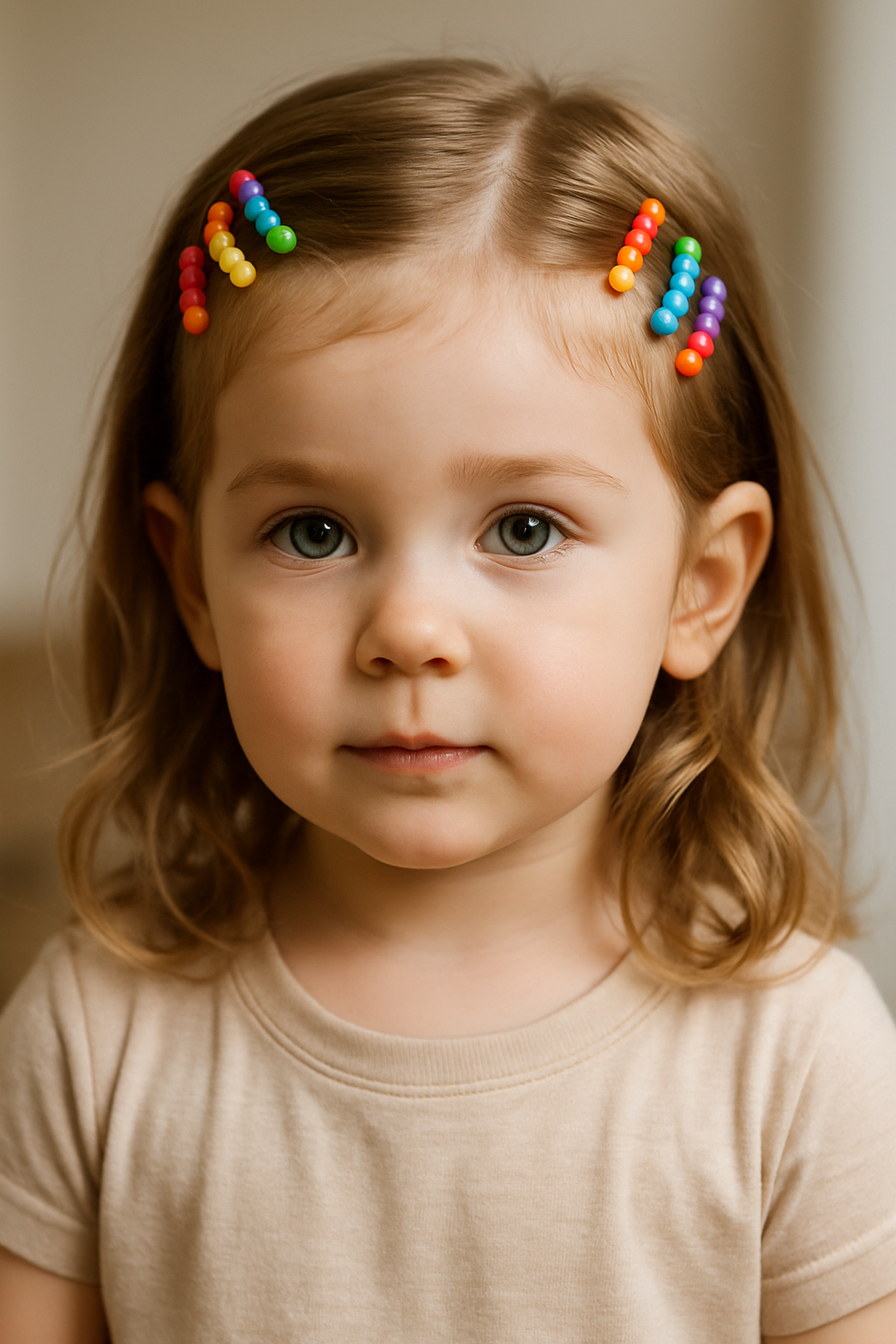 A toddler with wavy hair styled with colorful rainbow bead hair clips.