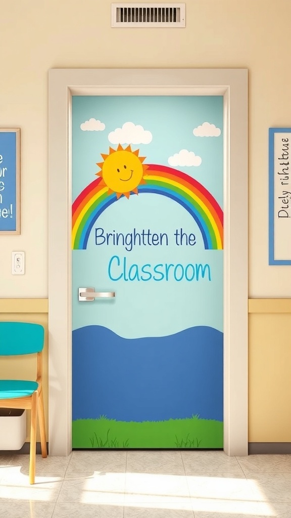 A classroom door decorated with a rainbow and a smiling sun, featuring the text 'Brighten the Classroom'.