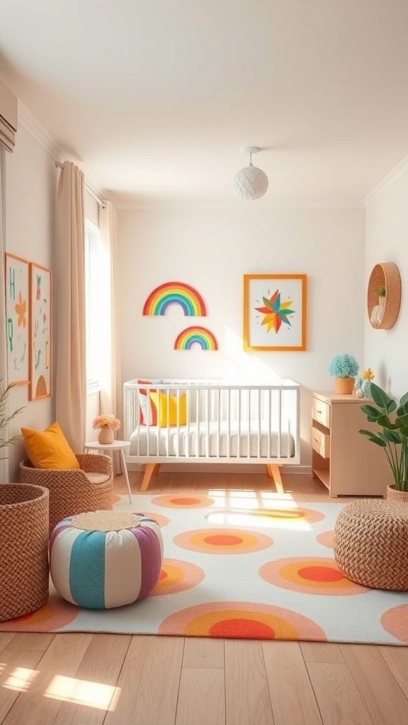 A colorful nursery featuring rainbow artwork, a crib, and playful decor.