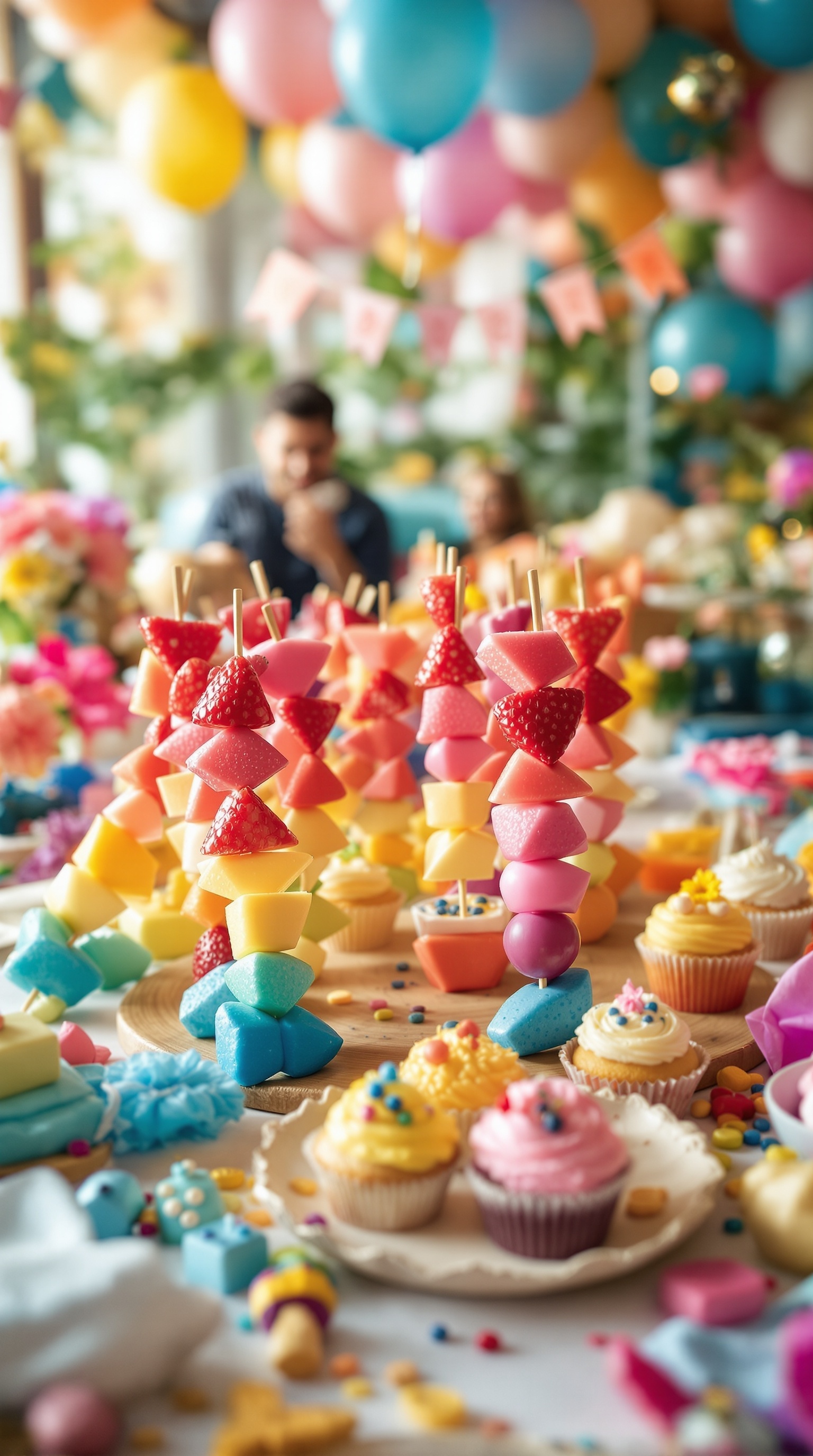 Colorful rainbow fruit skewers on a dessert table with cupcakes and decorations.
