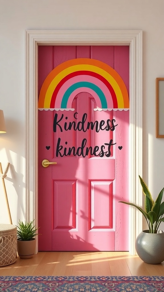 A pink door with a rainbow and the word 'Kindness' written on it, creating a cheerful and inviting atmosphere.
