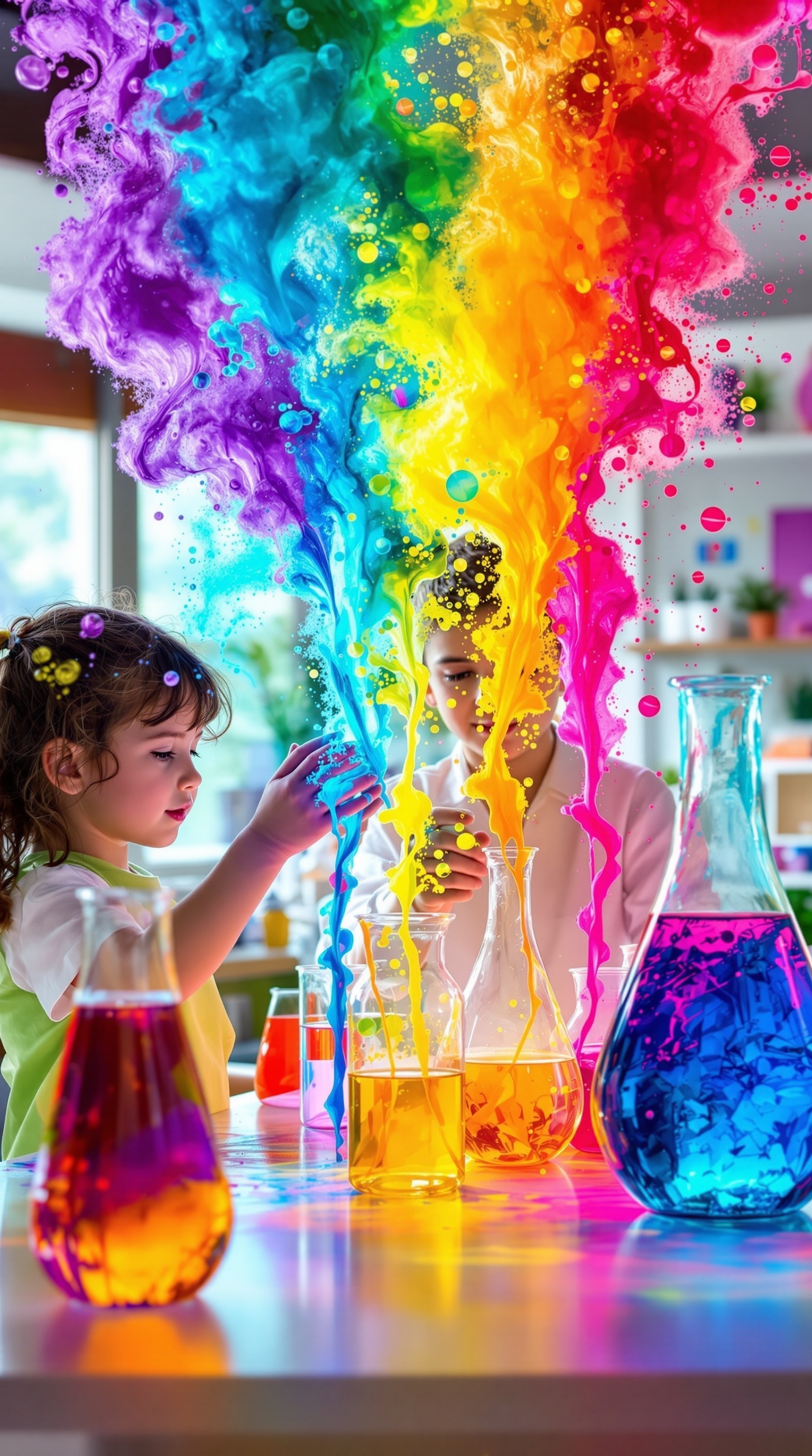 A child and an adult conducting a colorful science experiment with liquids in glass beakers.