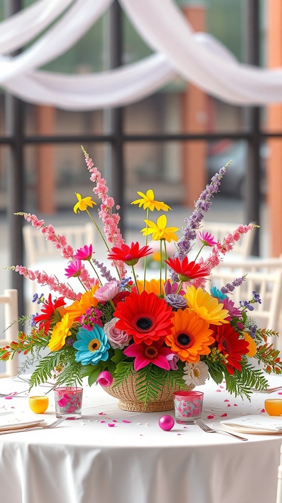 A vibrant rainbow-themed floral centerpiece on a table with colorful decorations