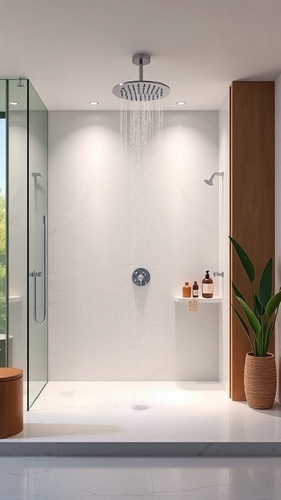 Modern bathroom featuring a rainfall shower system with a large overhead shower head, glass enclosure, and elegant marble walls.