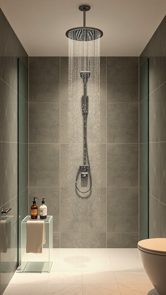 A stylish small bathroom featuring a rainfall showerhead, sleek tiles, and minimalistic décor.