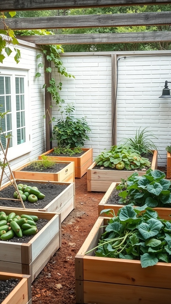 A cozy backyard with multiple raised garden beds filled with various plants and vegetables.