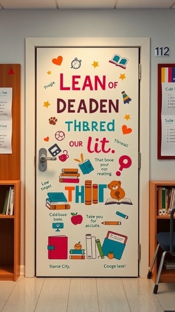 A colorful classroom door decorated with playful reading-themed designs and text.