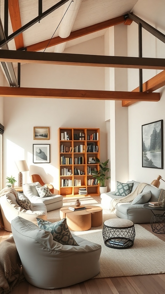 Cozy reading loft with soft seating, bookshelves, and natural light