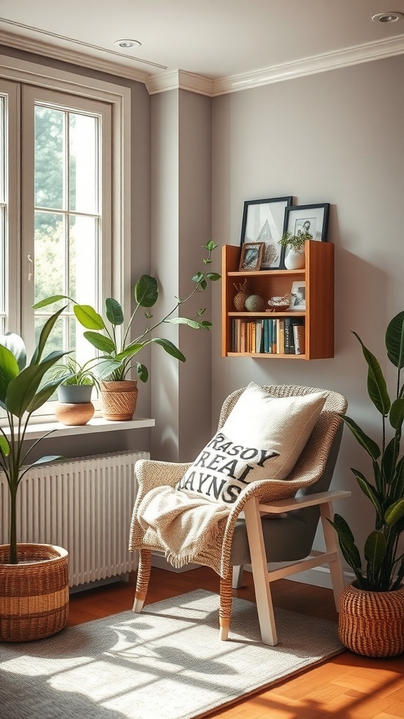 A cozy reading nook by the window featuring a comfortable chair, plants, and a small bookshelf.