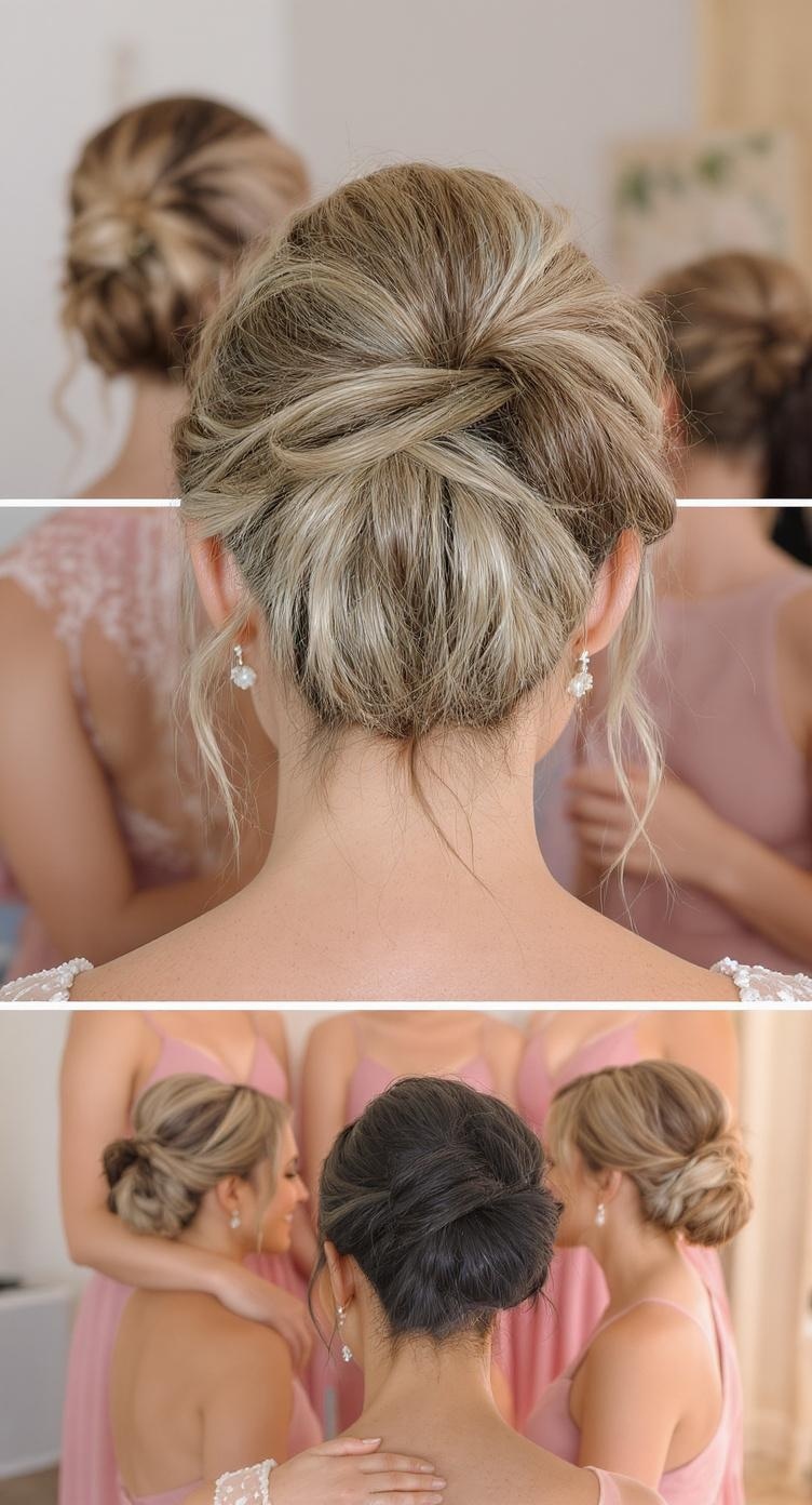 Bridesmaids with messy buns in pastel dresses, showcasing different styles of the hairstyle.